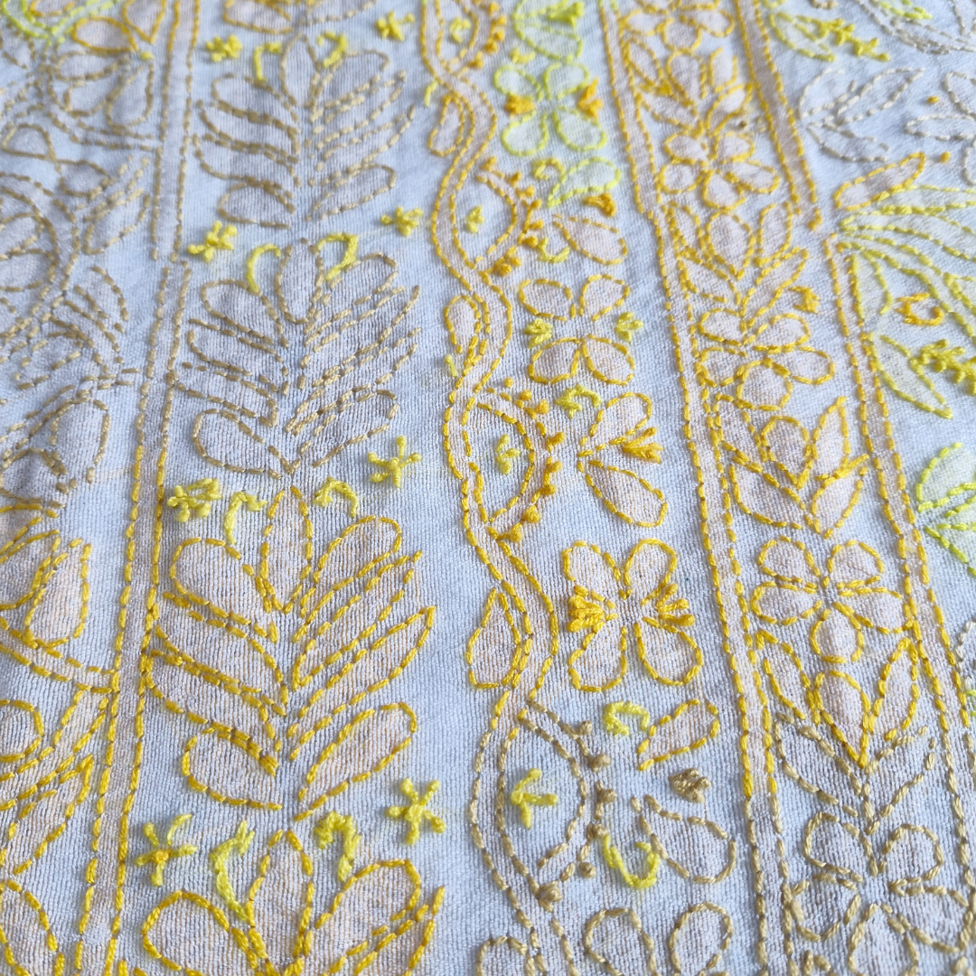 albaas | Shadow Chikankari on Khadi Net Shirt's Front and Sleeves with Dupatta Sprayed with Motifs - Unstitched 2PC Suit   | AKNSSD-36550-E-YELLOW-O-WHITE