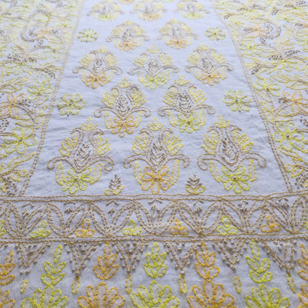 albaas | Shadow Chikankari on Khadi Net Shirt's Front and Sleeves with Dupatta Sprayed with Motifs - Unstitched 2PC Suit   | AKNSSD-36550-G-WHITE