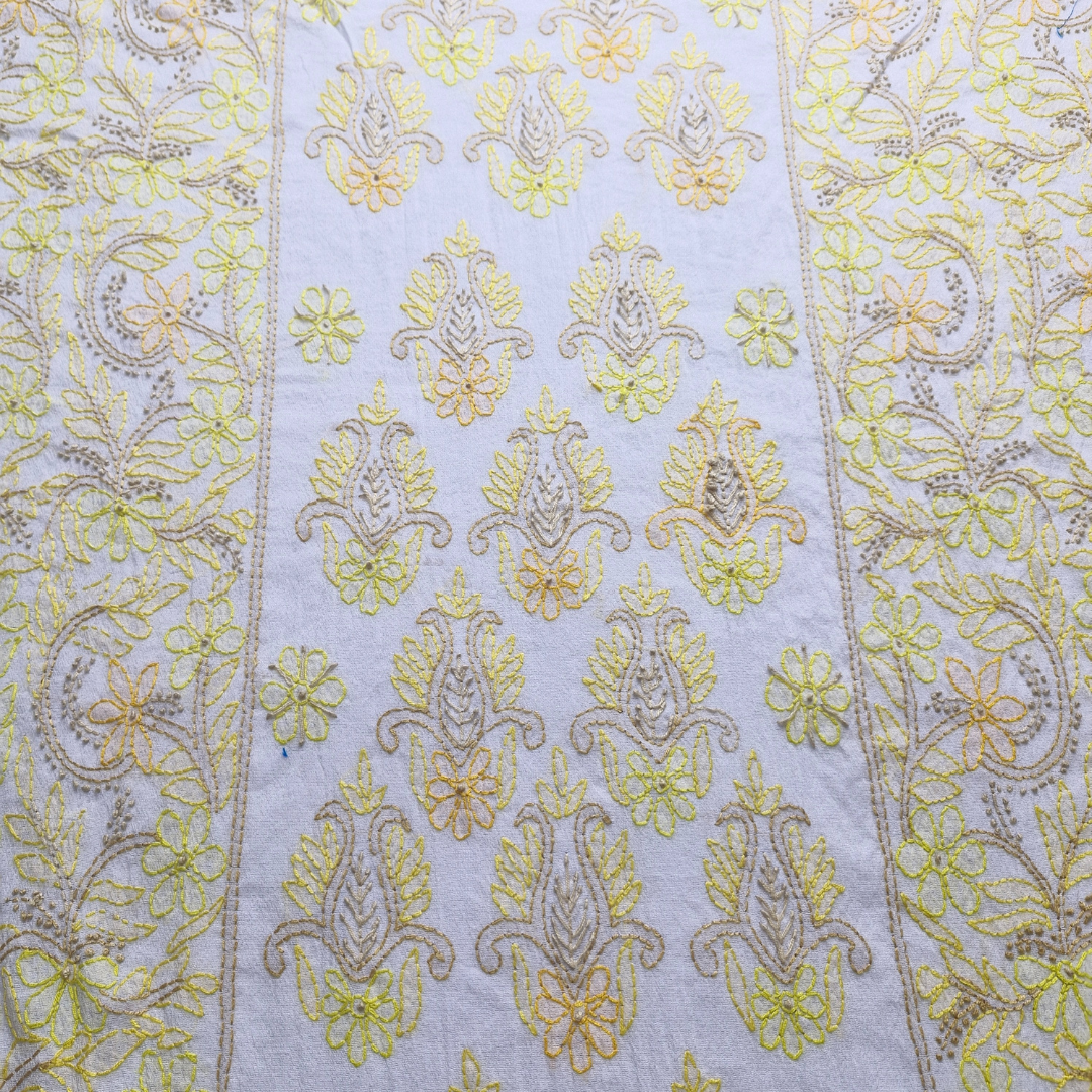 albaas | Shadow Chikankari on Khadi Net Shirt's Front and Sleeves with Dupatta Sprayed with Motifs - Unstitched 2PC Suit   | AKNSSD-36550-G-WHITE