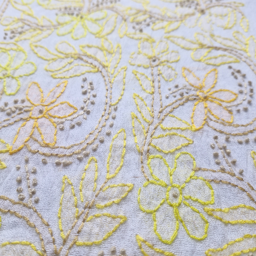 albaas | Shadow Chikankari on Khadi Net Shirt's Front and Sleeves with Dupatta Sprayed with Motifs - Unstitched 2PC Suit   | AKNSSD-36550-G-WHITE