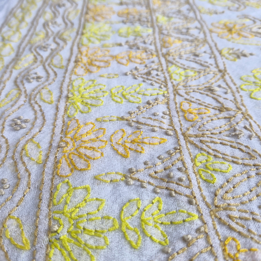 albaas | Shadow Chikankari on Khadi Net Shirt's Front and Sleeves with Dupatta Sprayed with Motifs - Unstitched 2PC Suit   | AKNSSD-36550-G-WHITE