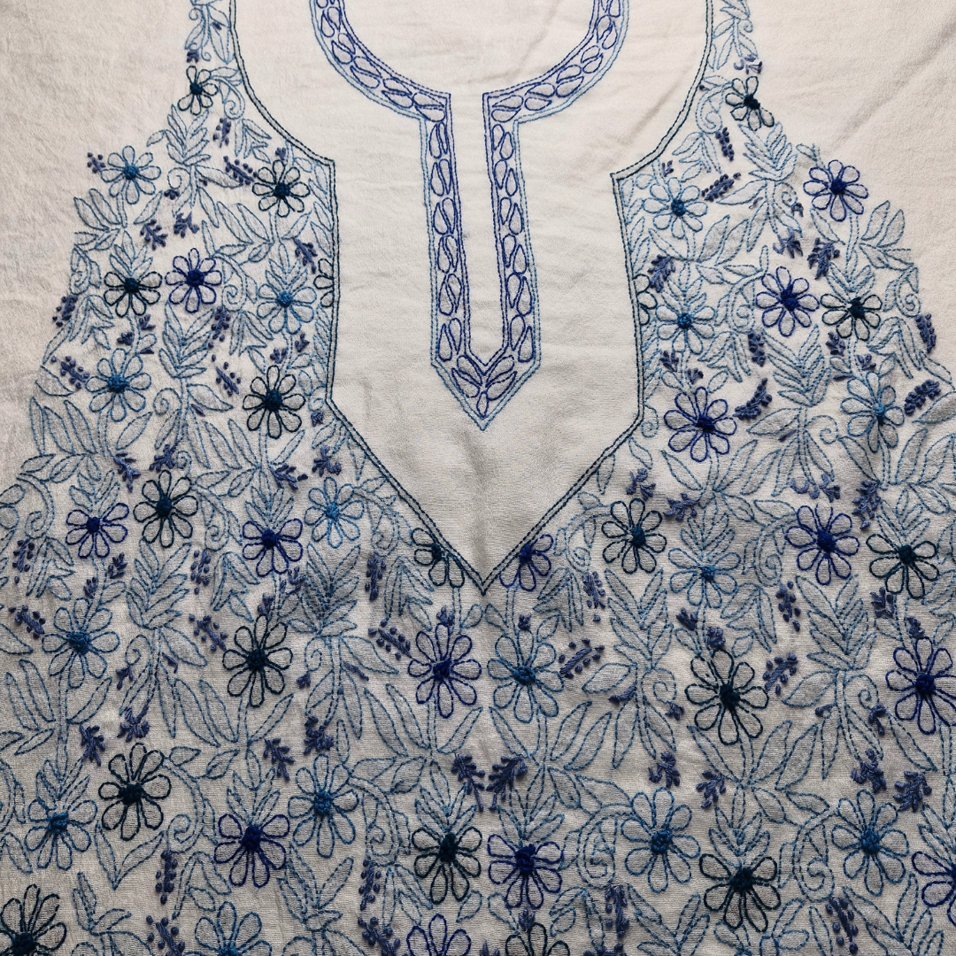 albaas | Shadow Chikankari on Khadi Net Shirt's Front and Sleeves with Dupatta Sprayed with Motifs - Unstitched 2PC Suit   | AKNSSD-36550-H-BLUE-O-WHITE