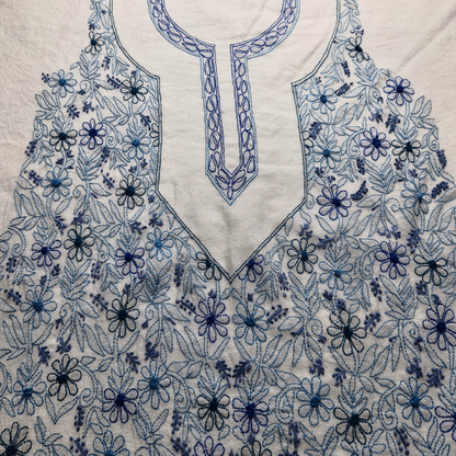 albaas | Shadow Chikankari on Khadi Net Shirt's Front and Sleeves with Dupatta Sprayed with Motifs - Unstitched 2PC Suit   | AKNSSD-36550-H-BLUE-O-WHITE