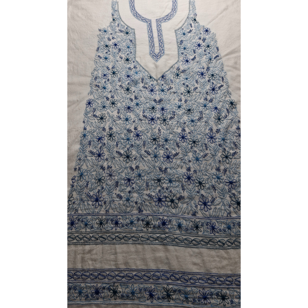albaas | Shadow Chikankari on Khadi Net Shirt's Front and Sleeves with Dupatta Sprayed with Motifs - Unstitched 2PC Suit   | AKNSSD-36550-H-BLUE-O-WHITE