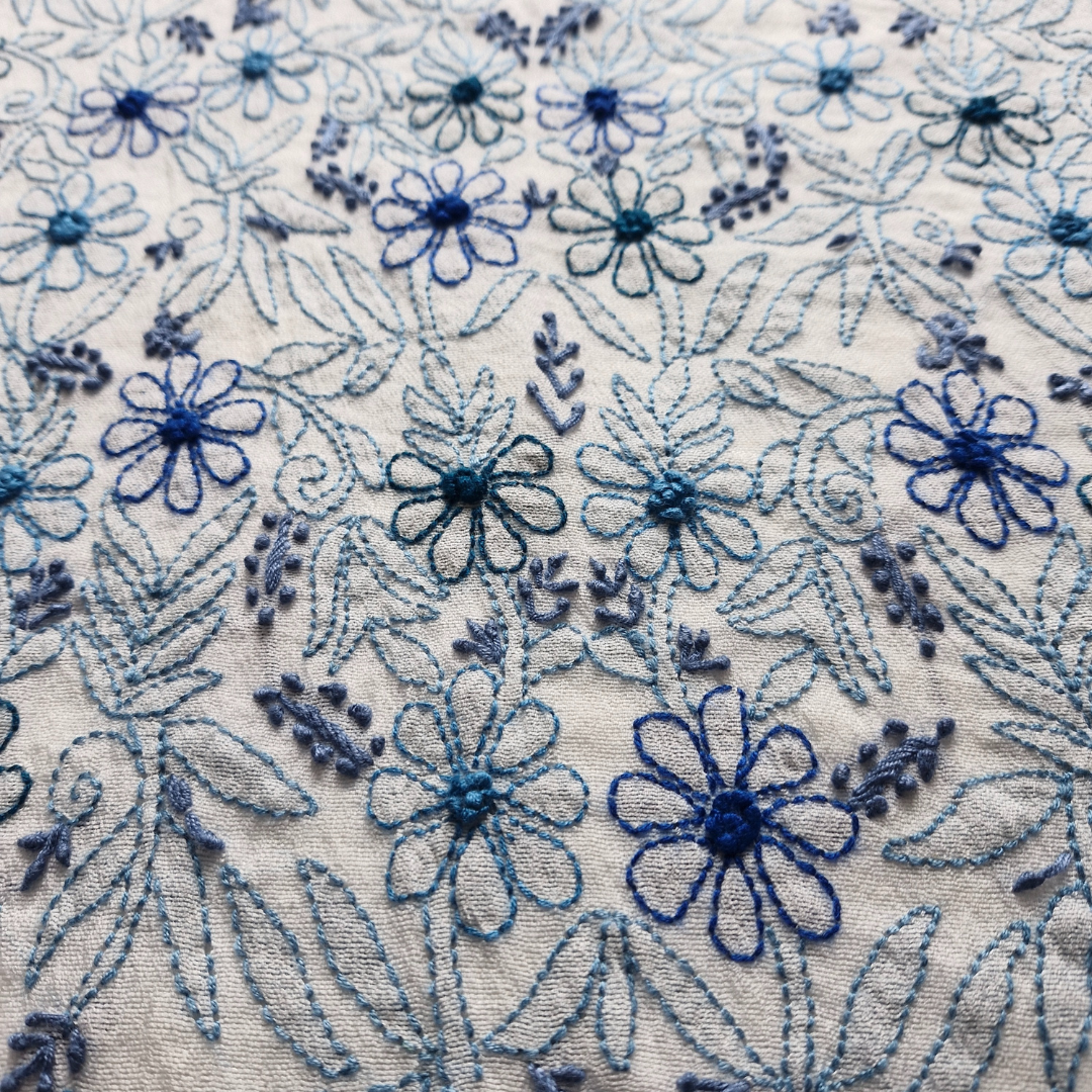 albaas | Shadow Chikankari on Khadi Net Shirt's Front and Sleeves with Dupatta Sprayed with Motifs - Unstitched 2PC Suit   | AKNSSD-36550-H-BLUE-O-WHITE