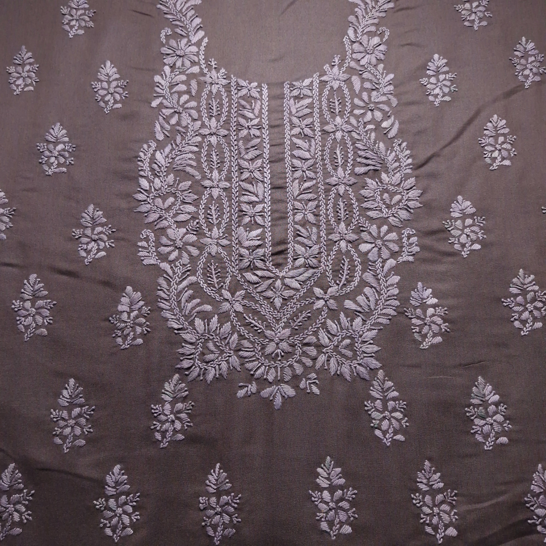 albaas | Lucknavi Chikankari on Karandi Lawn Shirt's Front and Sleeves with Dupatta Sprayed with Motifs - Unstitched 2PC Suit   | AKLCSD-36701-DARK BROWN