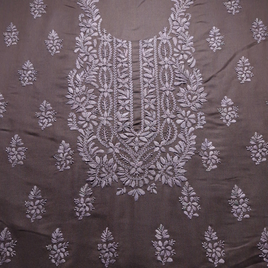 albaas | Lucknavi Chikankari on Karandi Lawn Shirt's Front and Sleeves with Dupatta Sprayed with Motifs - Unstitched 2PC Suit   | AKLCSD-36701-DARK BROWN