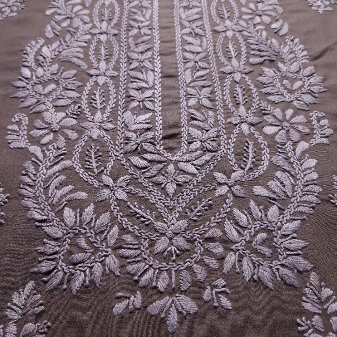 albaas | Lucknavi Chikankari on Karandi Lawn Shirt's Front and Sleeves with Dupatta Sprayed with Motifs - Unstitched 2PC Suit   | AKLCSD-36701-DARK BROWN