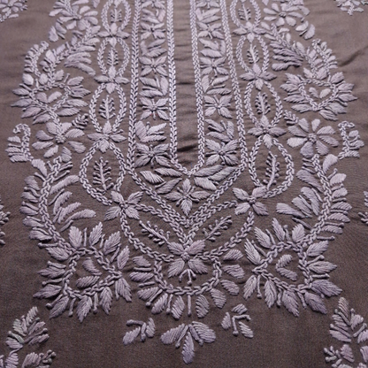 albaas | Lucknavi Chikankari on Karandi Lawn Shirt's Front and Sleeves with Dupatta Sprayed with Motifs - Unstitched 2PC Suit   | AKLCSD-36701-DARK BROWN