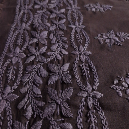 albaas | Lucknavi Chikankari on Karandi Lawn Shirt's Front and Sleeves with Dupatta Sprayed with Motifs - Unstitched 2PC Suit   | AKLCSD-36701-DARK BROWN