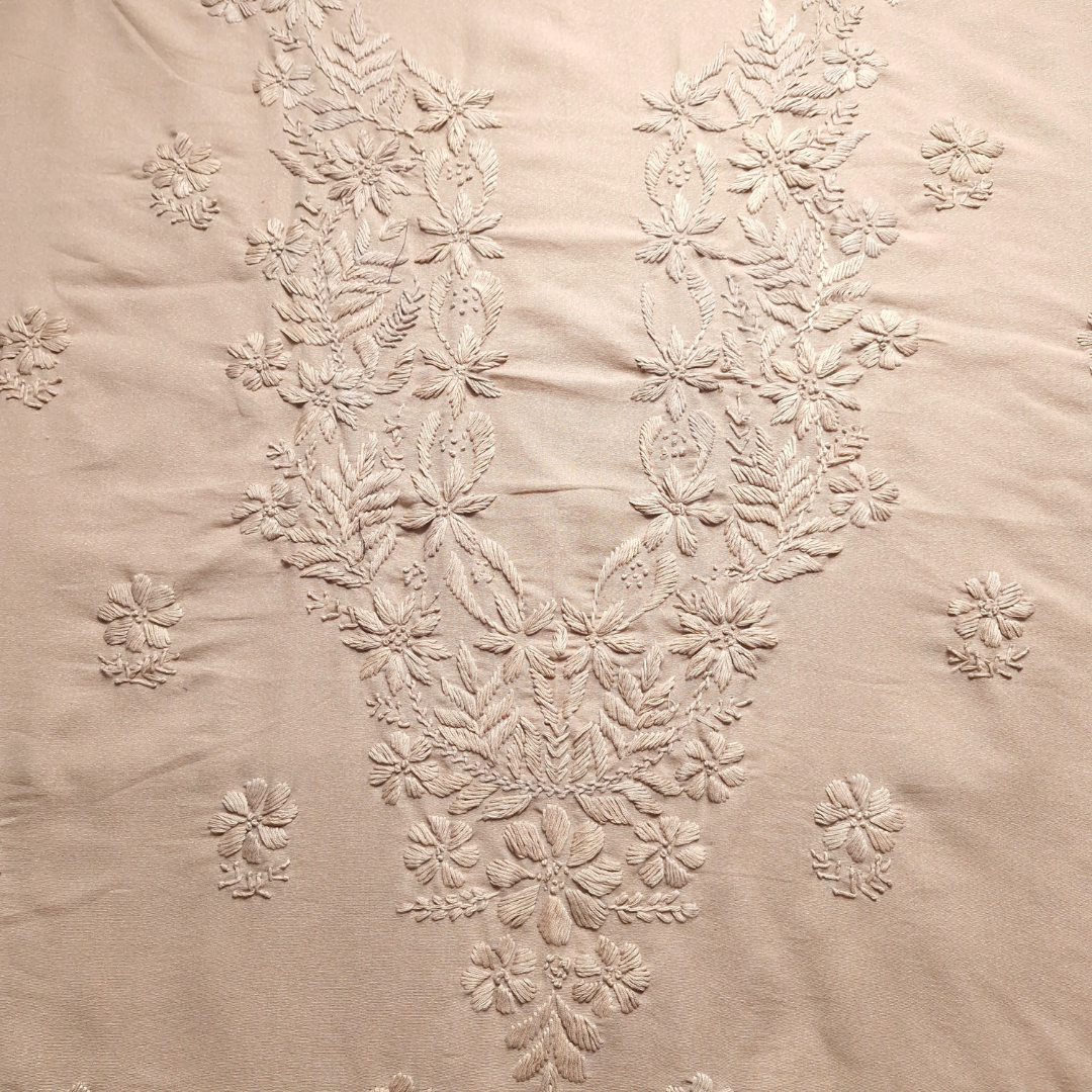 albaas | Lucknavi Chikankari on Karandi Lawn Shirt's Front and Sleeves with Dupatta Sprayed with Motifs - Unstitched 2PC Suit   | AKTASD-36703-KHAKI2