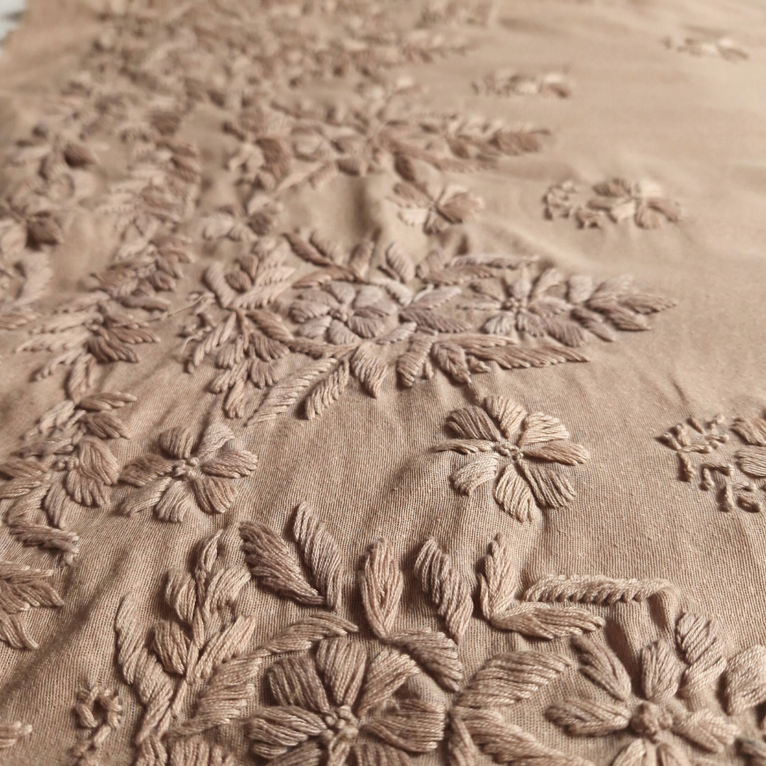 albaas | Lucknavi Chikankari on Karandi Lawn Shirt's Front and Sleeves with Dupatta Sprayed with Motifs - Unstitched 2PC Suit   | AKTASD-36703-KHAKI2