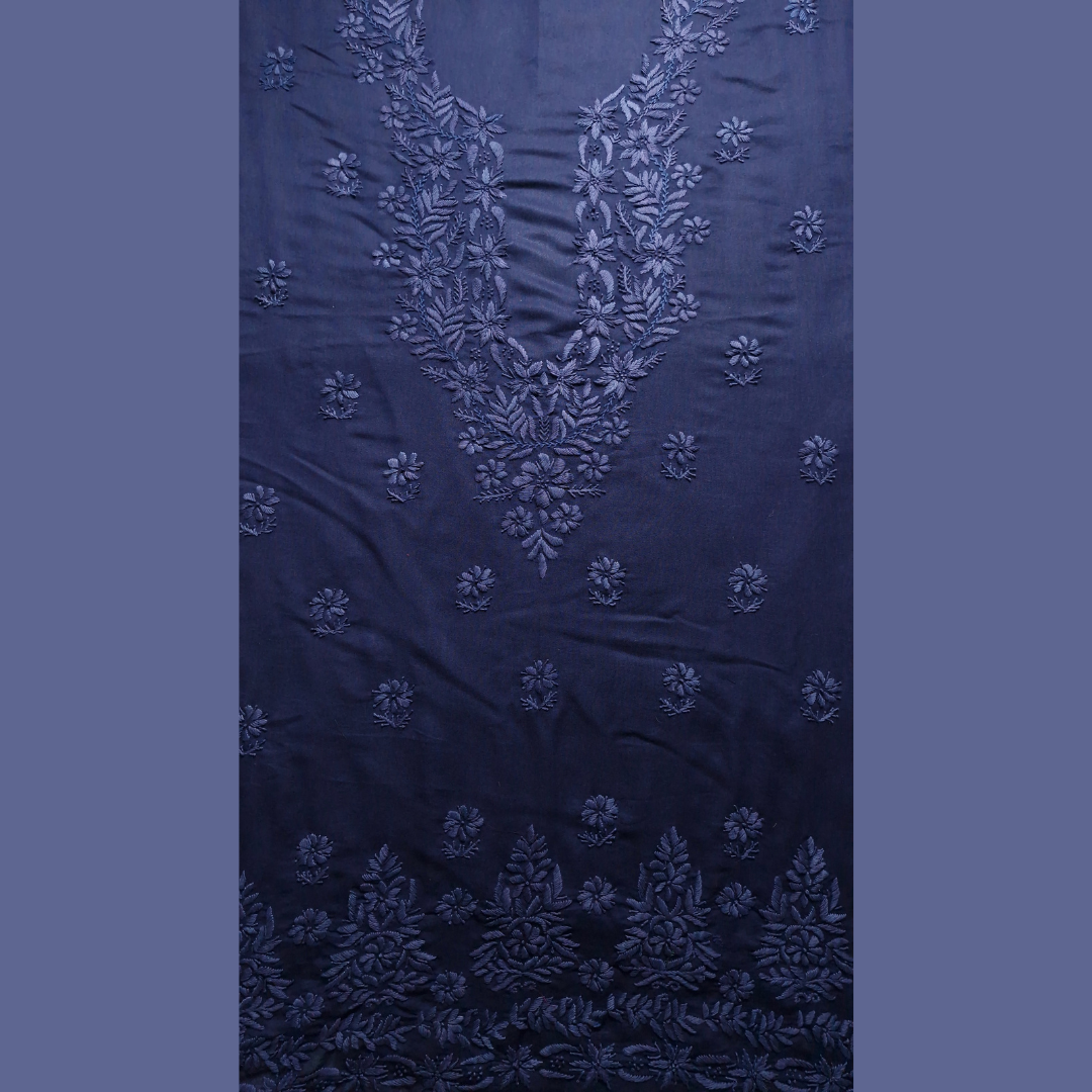 albaas | Lucknavi Chikankari on Karandi Lawn Shirt's Front and Sleeves with Dupatta Sprayed with Motifs - Unstitched 2PC Suit   | AKTASD-36703-NAVY BLUE
