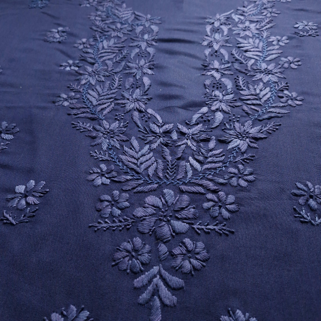 albaas | Lucknavi Chikankari on Karandi Lawn Shirt's Front and Sleeves with Dupatta Sprayed with Motifs - Unstitched 2PC Suit   | AKTASD-36703-NAVY BLUE