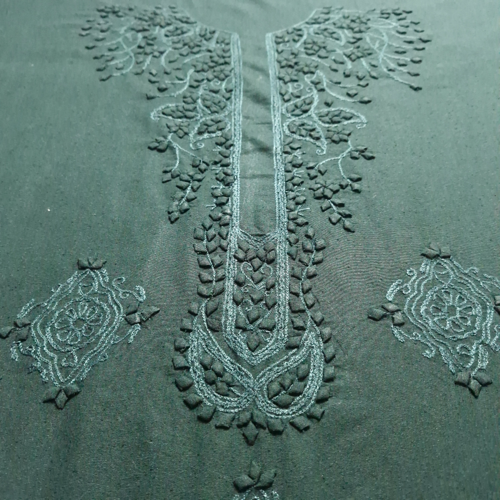 albaas | Tarkashi  Applique on Karandi Shirt's Front and Sleeves with Matching Plain Trousers - Unstitched 2PC Suit   | AKTAST-36531-FENCE GREEN