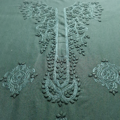 albaas | Tarkashi  Applique on Karandi Shirt's Front and Sleeves with Matching Plain Trousers - Unstitched 2PC Suit   | AKTAST-36531-FENCE GREEN