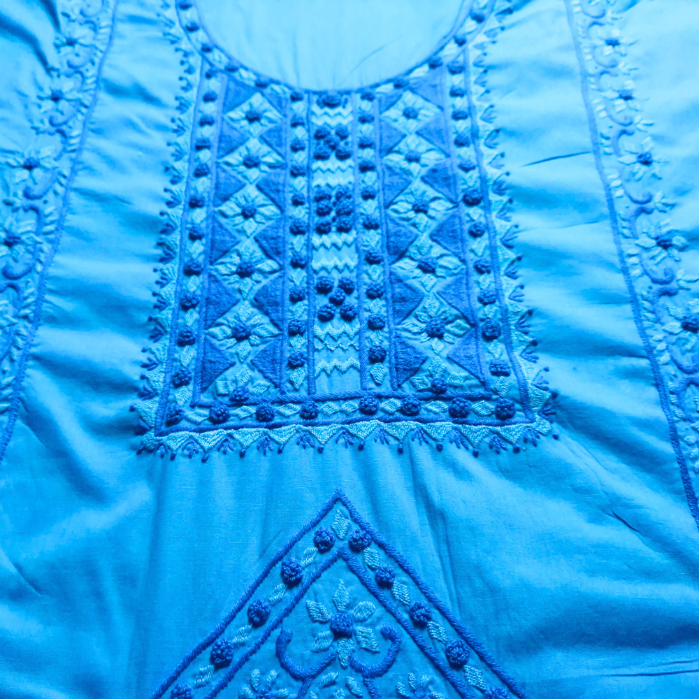 albaas | Satin Stitch+French Knots/Pakka Taanka on Bareeze Cotton Shirt's Front and Sleeves with Matching Plain Trousers - Unstitched 2PC Suit   | ALFSST-37003-BLUE