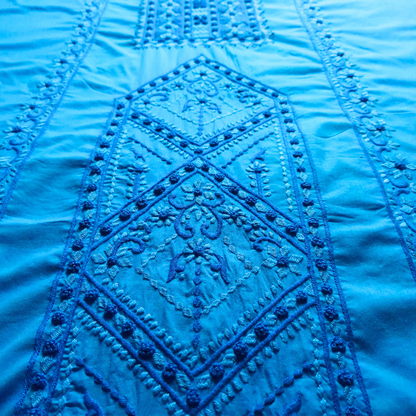 albaas | Satin Stitch+French Knots/Pakka Taanka on Bareeze Cotton Shirt's Front and Sleeves with Matching Plain Trousers - Unstitched 2PC Suit   | ALFSST-37003-BLUE