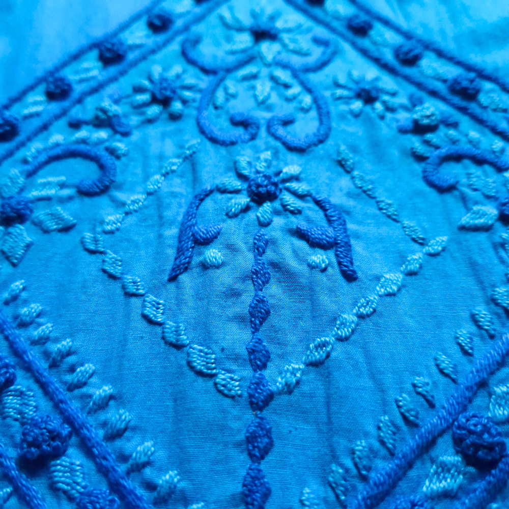 albaas | Satin Stitch+French Knots/Pakka Taanka on Bareeze Cotton Shirt's Front and Sleeves with Matching Plain Trousers - Unstitched 2PC Suit   | ALFSST-37003-BLUE