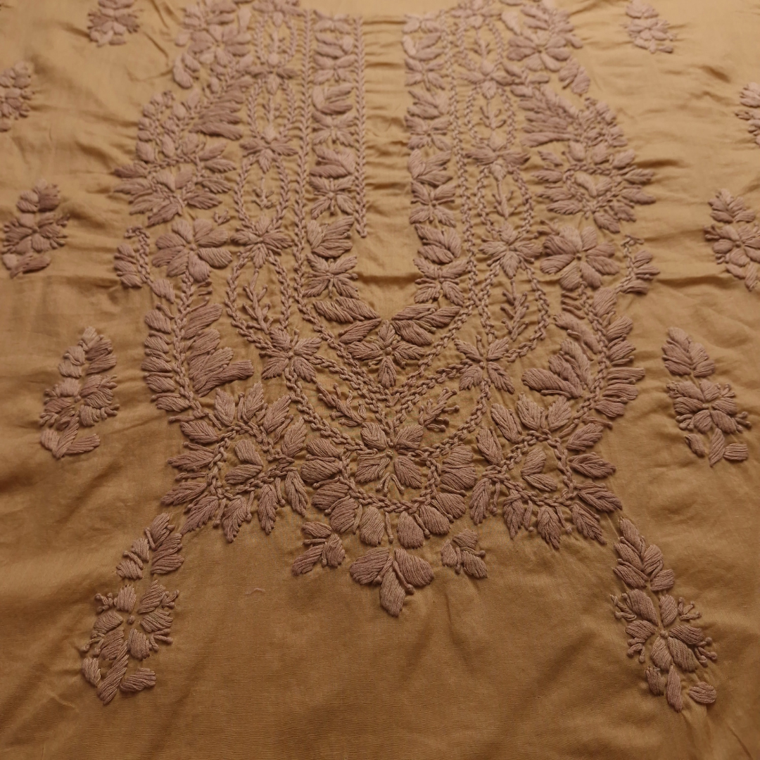 albaas | Lucknavi Chikankari on Soft Lawn Shirt's Front and Sleeves with Dupatta Sprayed with Motifs - Unstitched 2PC Suit   | ALLCSD-36701-GOLD WASH