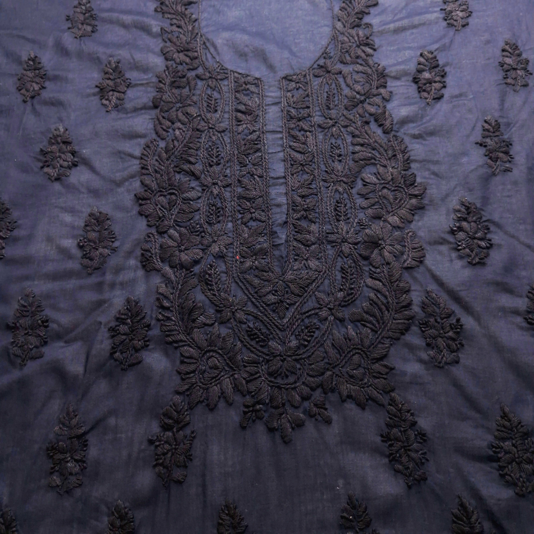 albaas | Lucknavi Chikankari on Soft Lawn Shirt's Front and Sleeves with Dupatta Sprayed with Motifs - Unstitched 2PC Suit   | ALLCSD-36701-NAVY BLUE