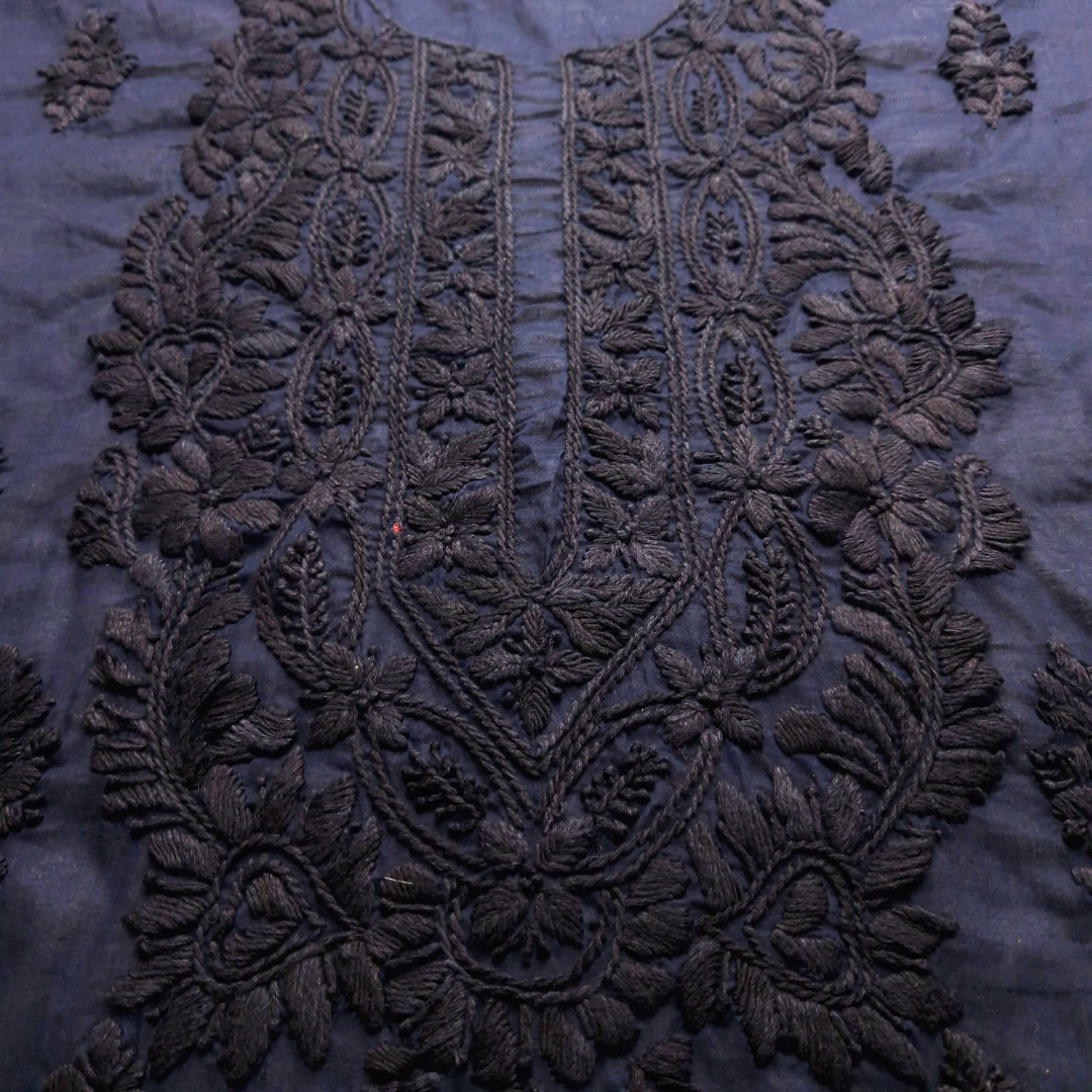 albaas | Lucknavi Chikankari on Soft Lawn Shirt's Front and Sleeves with Dupatta Sprayed with Motifs - Unstitched 2PC Suit   | ALLCSD-36701-NAVY BLUE