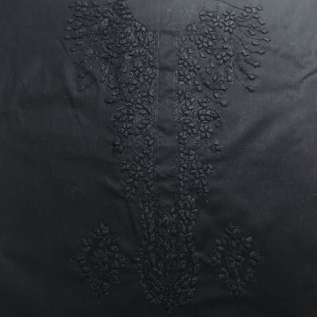 albaas | Tarkashi  Applique on Cotton Lawn Shirt's Front and Sleeves with Matching Plain Trousers - Unstitched 2PC Suit   | ALTAST-36531-BLACK