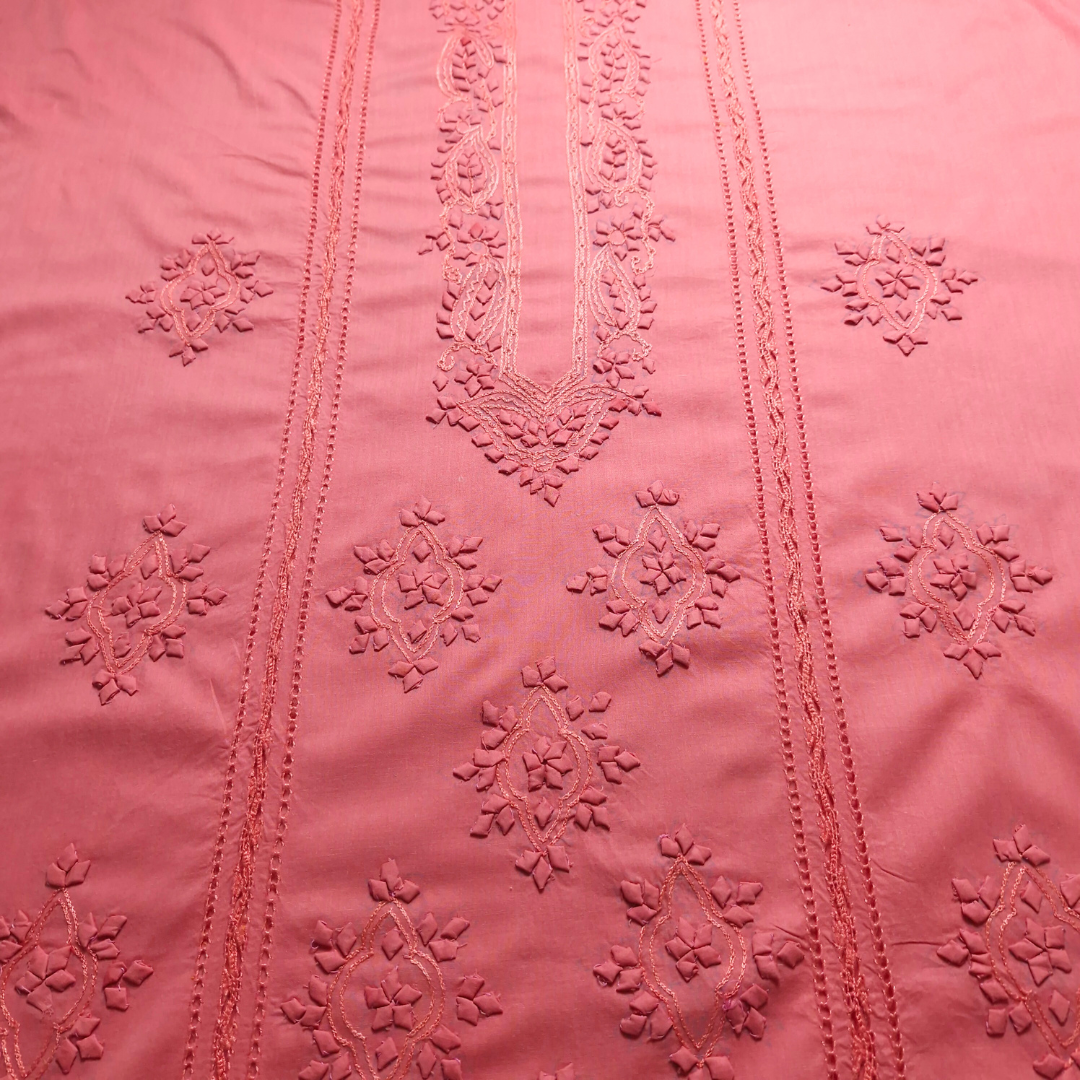 albaas | Tarkashi  Applique on Cotton Lawn Shirt's Front and Sleeves with Matching Plain Trousers - Unstitched 2PC Suit   | ALTAST-36533-FIERY ROSE