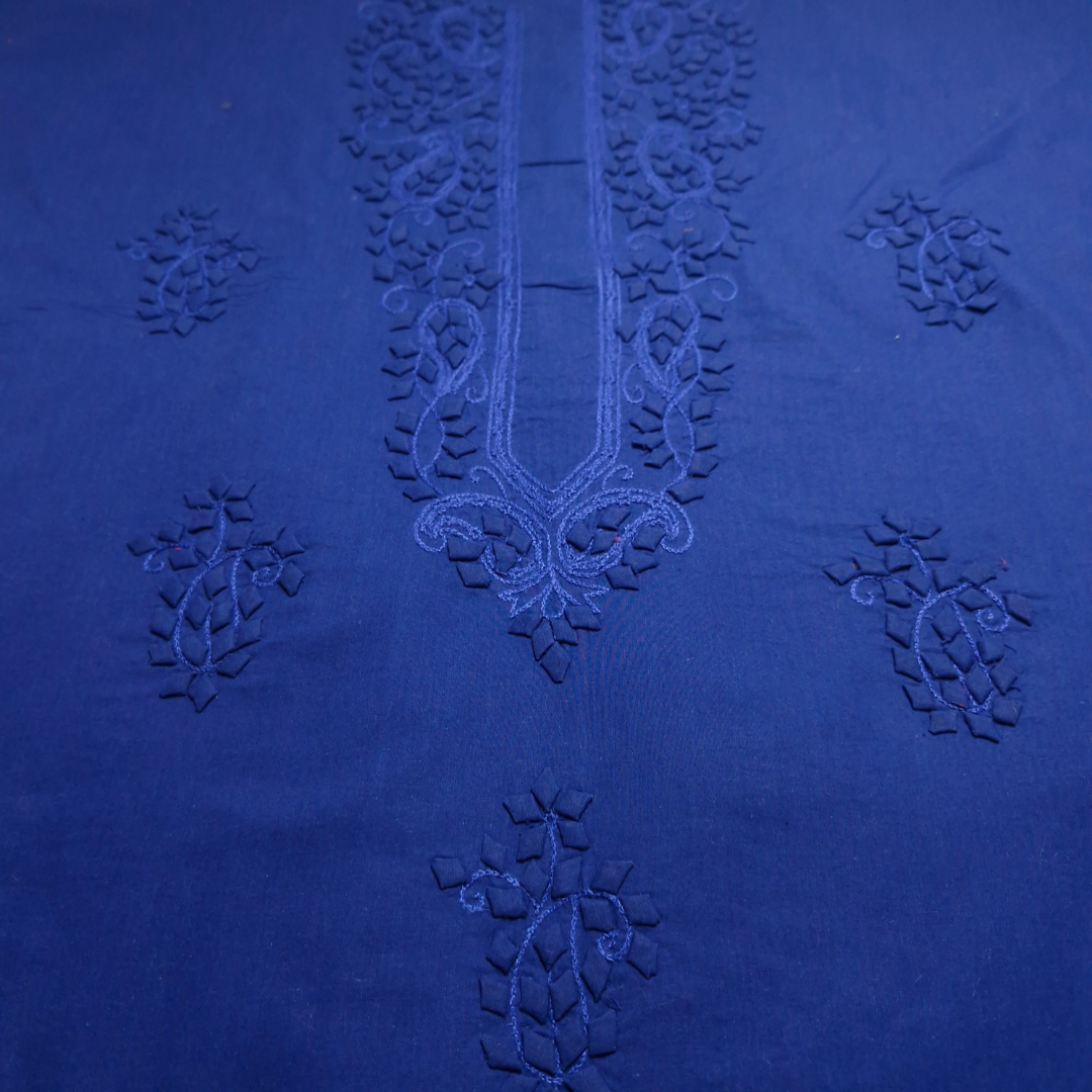 albaas | Tarkashi  Applique on Cotton Lawn Shirt's Front and Sleeves with Matching Plain Trousers - Unstitched 2PC Suit   | ALTAST-36536-DENIM BLUE