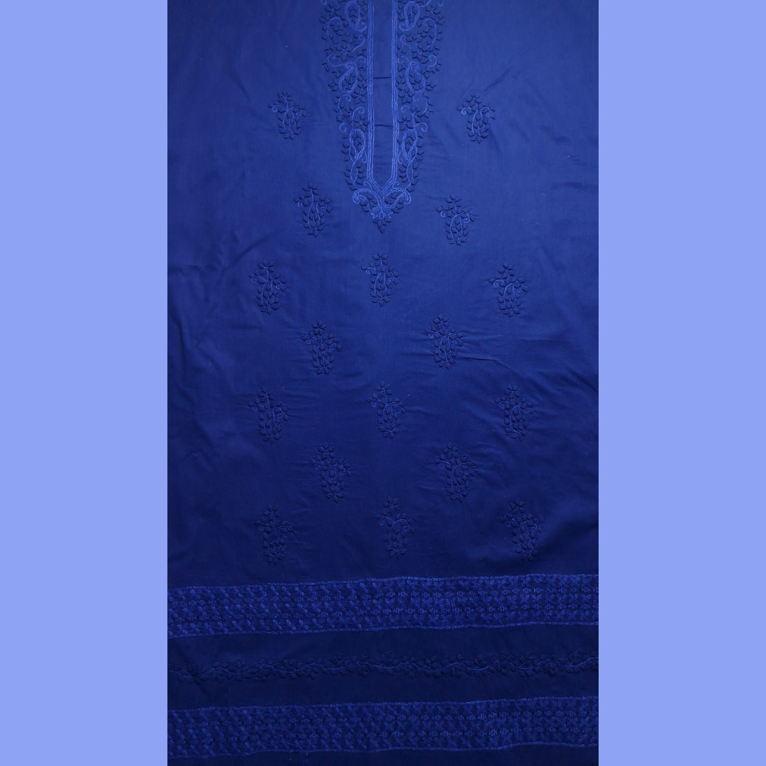 albaas | Tarkashi  Applique on Cotton Lawn Shirt's Front and Sleeves with Matching Plain Trousers - Unstitched 2PC Suit   | ALTAST-36536-DENIM BLUE