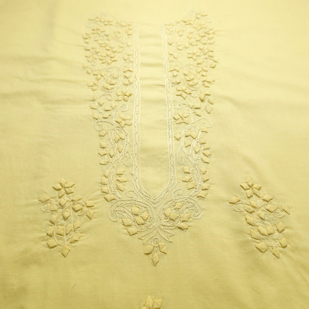 albaas | Tarkashi  Applique on Cotton Lawn Shirt's Front and Sleeves with Matching Plain Trousers - Unstitched 2PC Suit   | ALTAST-36536-PALE CANARY