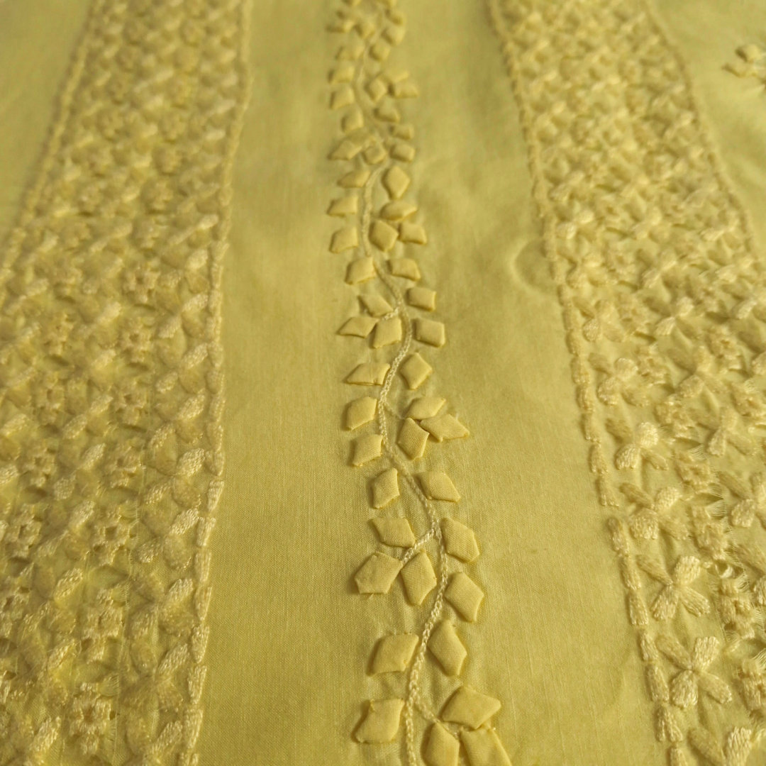 albaas | Tarkashi  Applique on Cotton Lawn Shirt's Front and Sleeves with Matching Plain Trousers - Unstitched 2PC Suit   | ALTAST-36536-PALE CANARY