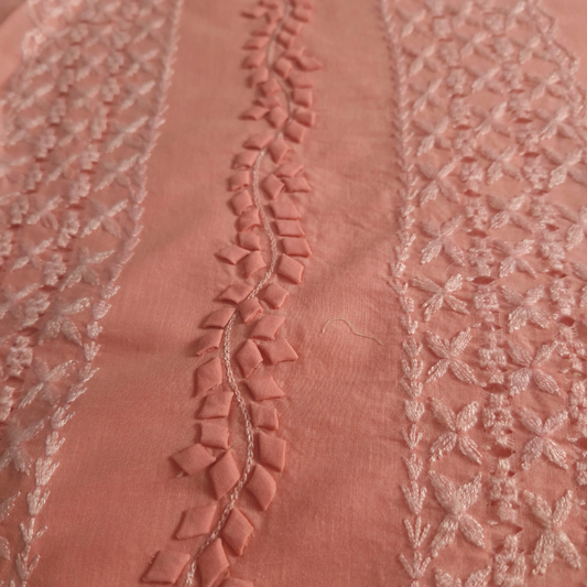 albaas | Tarkashi  Applique on Cotton Lawn Shirt's Front and Sleeves with Matching Plain Trousers - Unstitched 2PC Suit   | ALTAST-36536-PINKISH PEACH