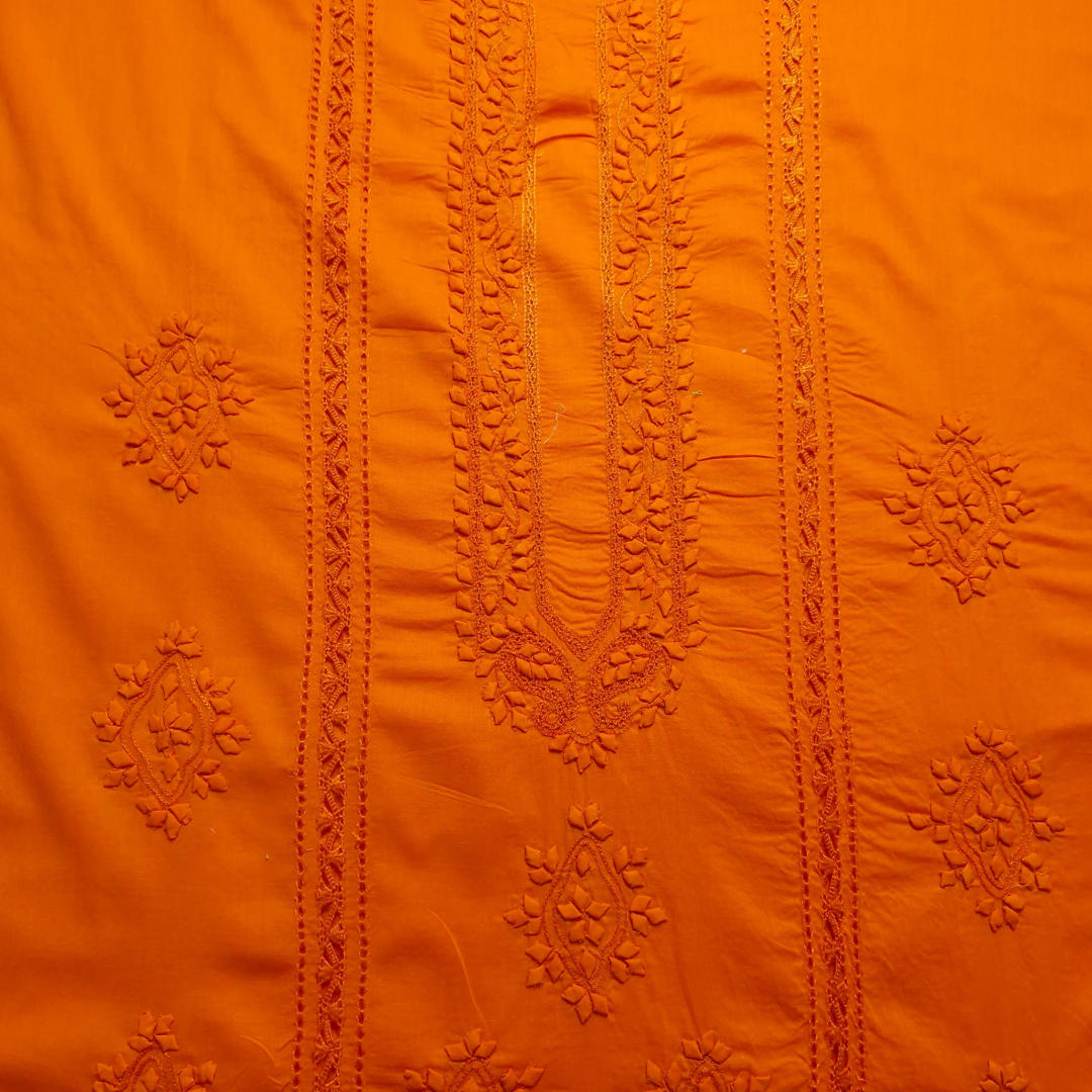 albaas | Tarkashi  Applique on Cotton Lawn Shirt's Front and Sleeves with Matching Plain Trousers - Unstitched 2PC Suit   | ALTAST-36537-NEON ORANGE