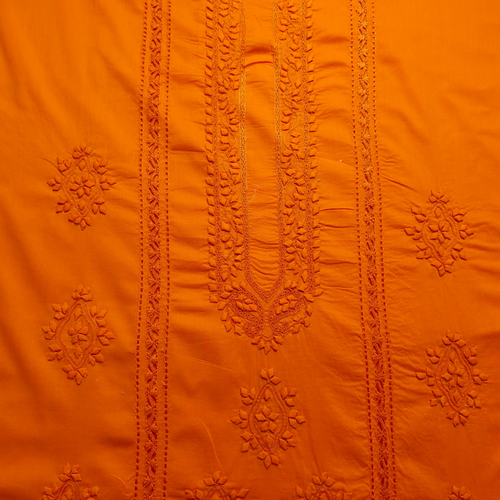 albaas | Tarkashi  Applique on Cotton Lawn Shirt's Front and Sleeves with Matching Plain Trousers - Unstitched 2PC Suit   | ALTAST-36537-NEON ORANGE