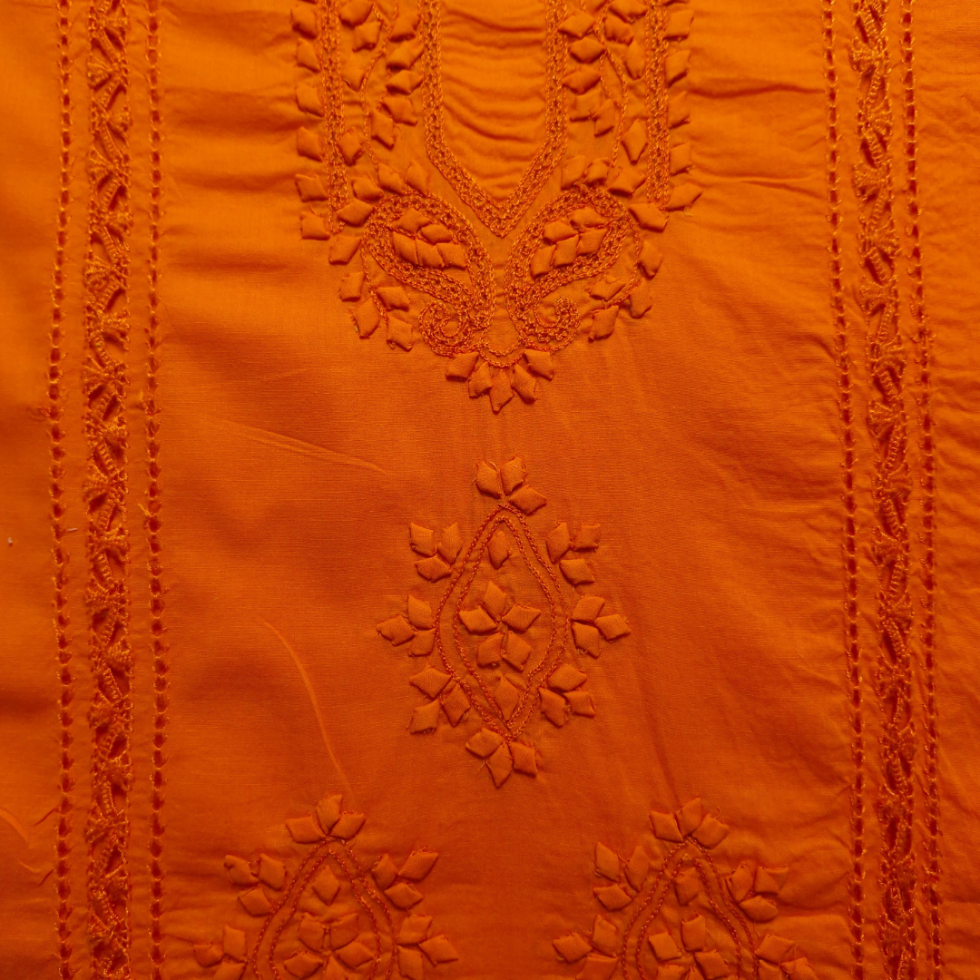 albaas | Tarkashi  Applique on Cotton Lawn Shirt's Front and Sleeves with Matching Plain Trousers - Unstitched 2PC Suit   | ALTAST-36537-NEON ORANGE