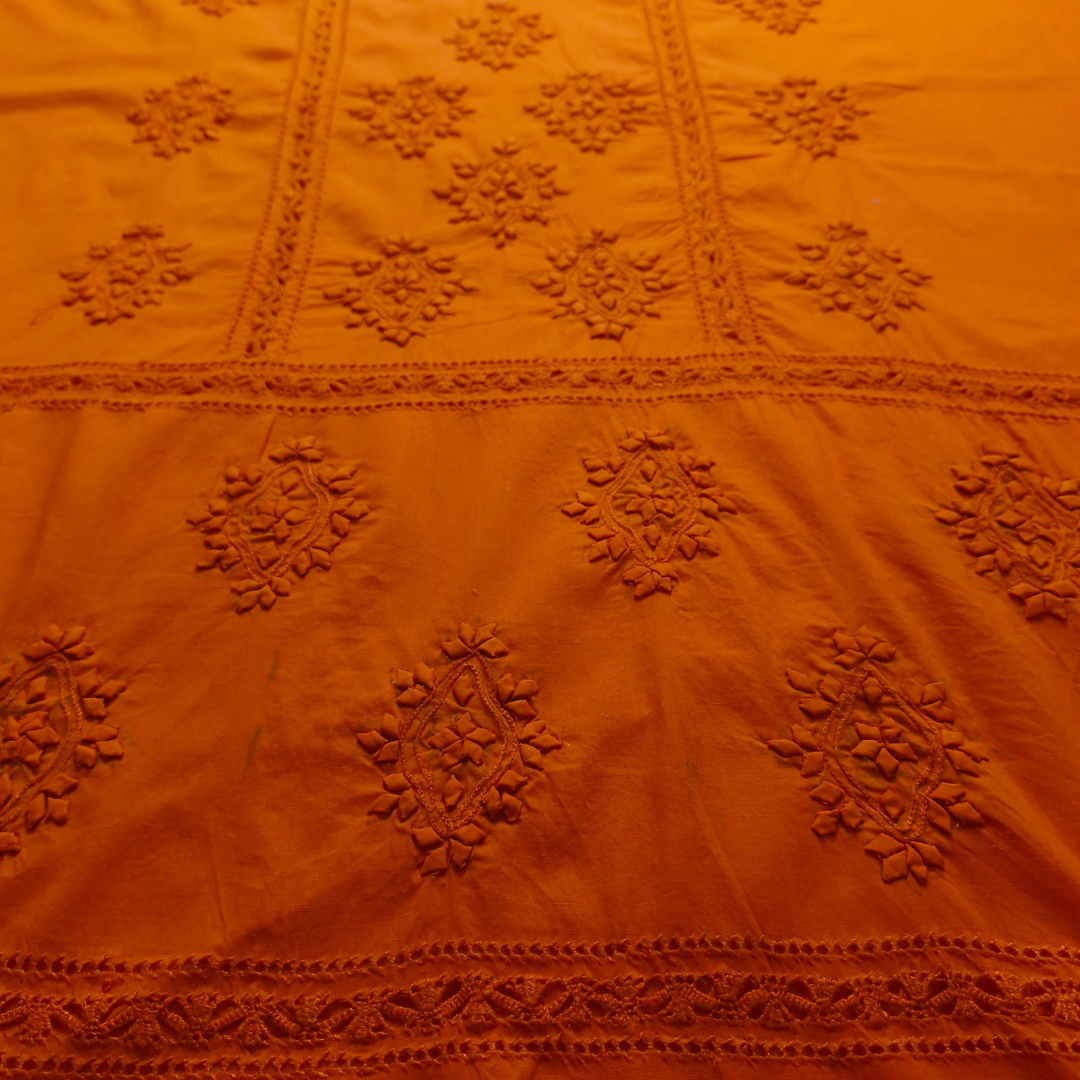 albaas | Tarkashi  Applique on Cotton Lawn Shirt's Front and Sleeves with Matching Plain Trousers - Unstitched 2PC Suit   | ALTAST-36537-NEON ORANGE