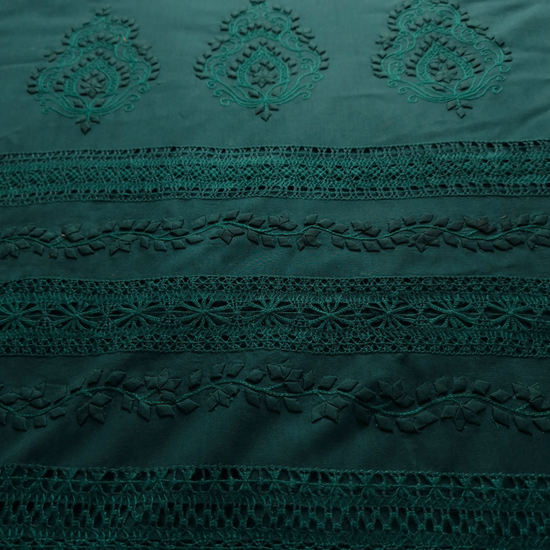 albaas | Tarkashi  Applique on Cotton Lawn Shirt's Front and Sleeves with Matching Plain Trousers - Unstitched 2PC Suit   | ALTAST-36539-BLUEISH GREEN