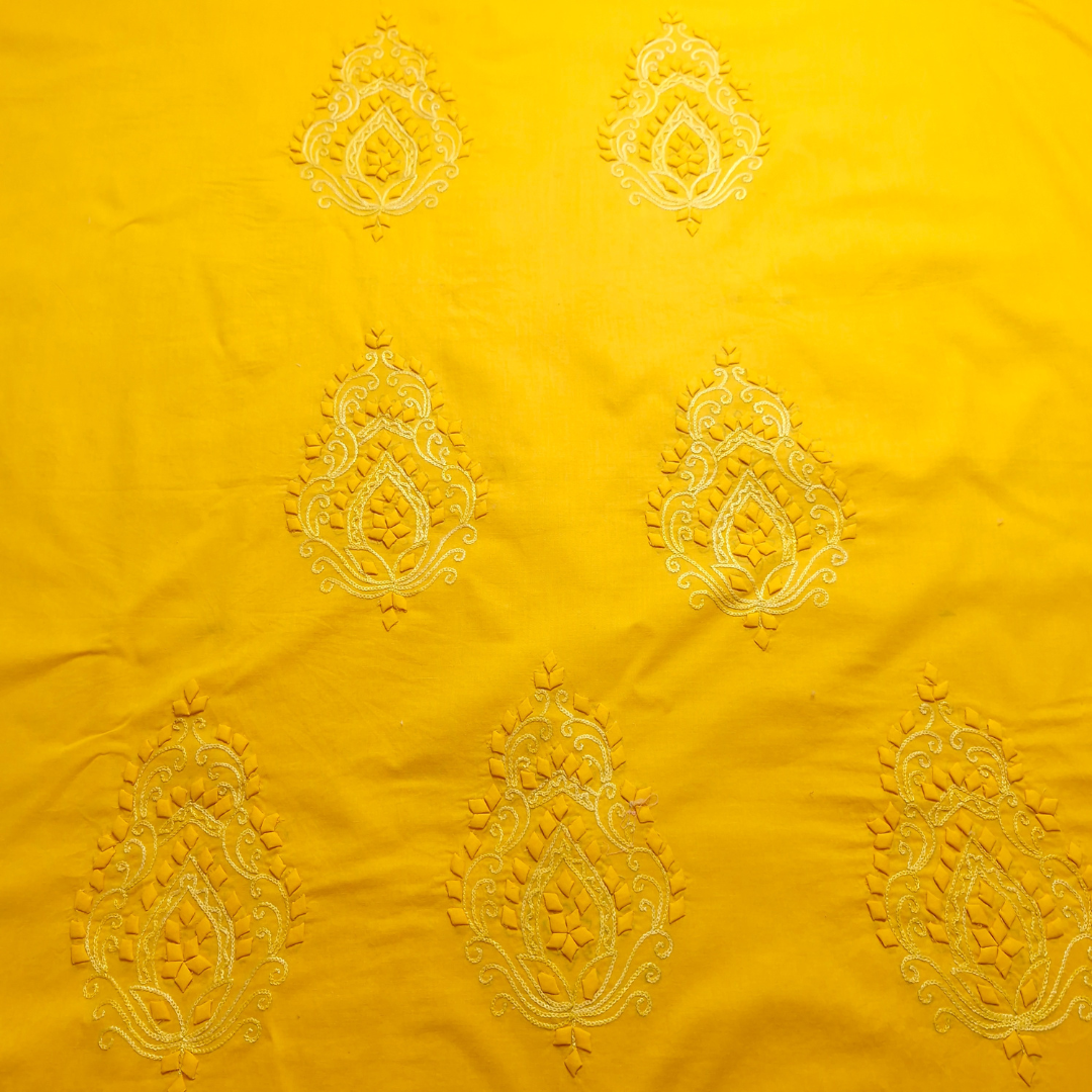 albaas | Tarkashi  Applique on Cotton Lawn Shirt's Front and Sleeves with Matching Plain Trousers - Unstitched 2PC Suit   | ALTAST-36539-TANGERINE YELLOW