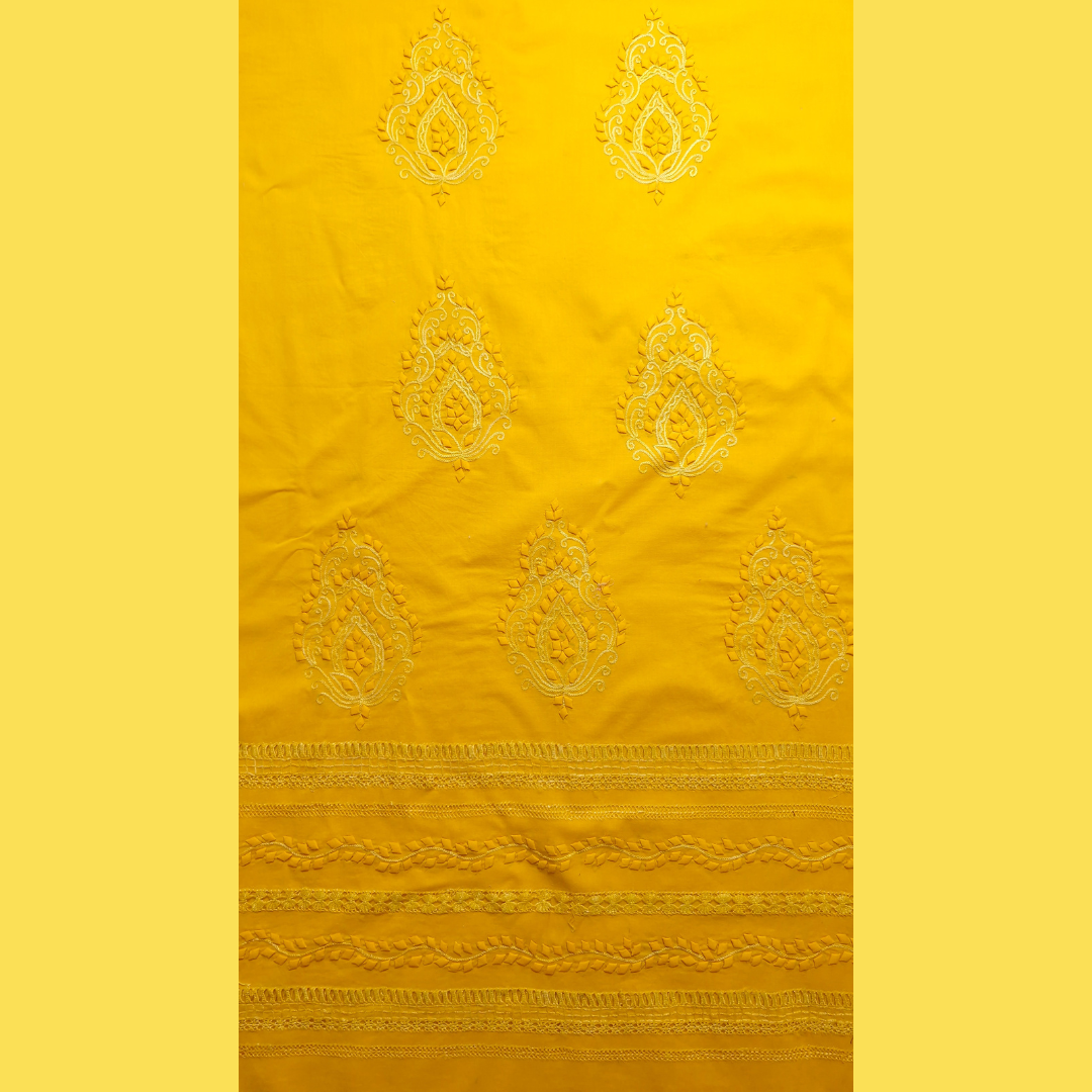 albaas | Tarkashi  Applique on Cotton Lawn Shirt's Front and Sleeves with Matching Plain Trousers - Unstitched 2PC Suit   | ALTAST-36539-TANGERINE YELLOW