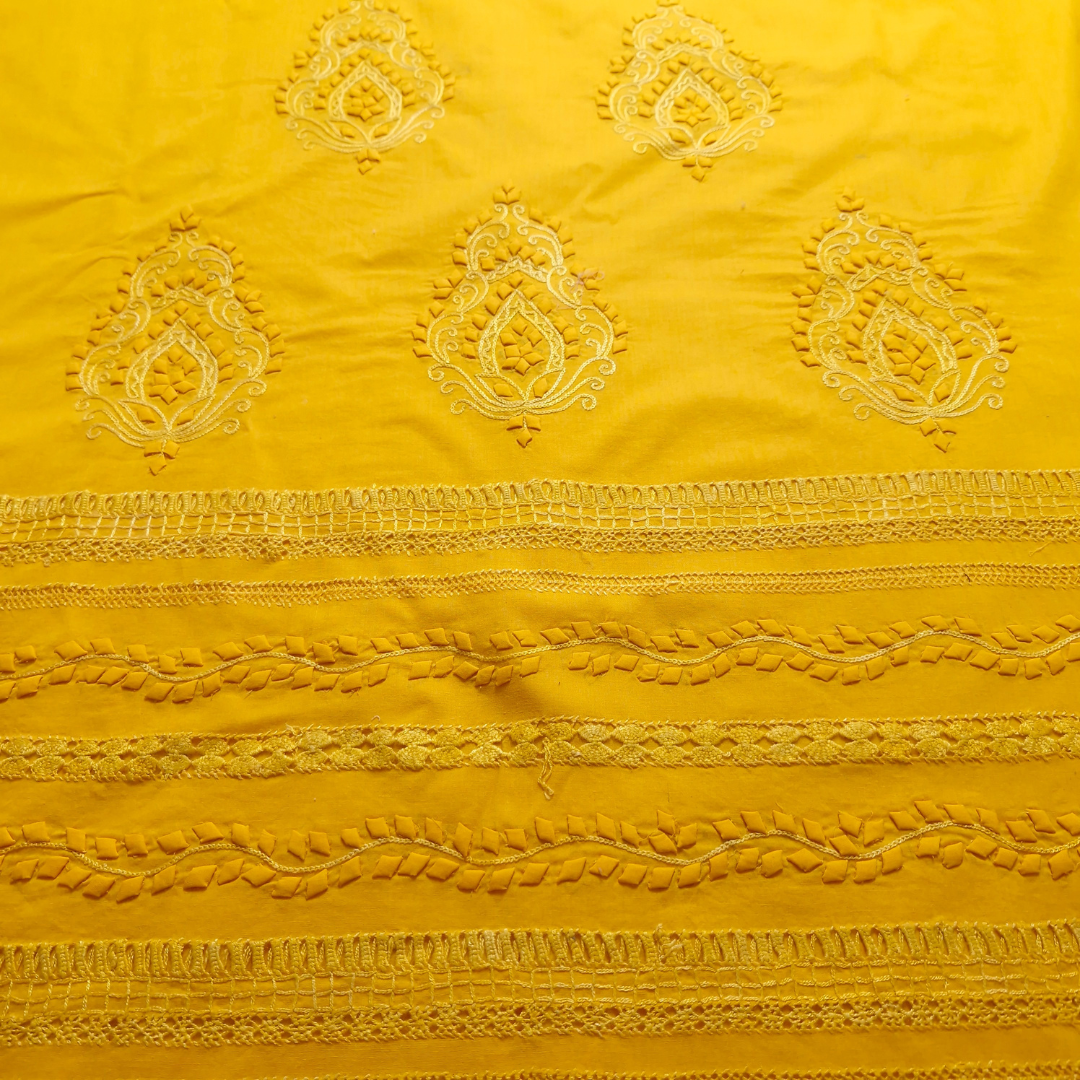 albaas | Tarkashi  Applique on Cotton Lawn Shirt's Front and Sleeves with Matching Plain Trousers - Unstitched 2PC Suit   | ALTAST-36539-TANGERINE YELLOW