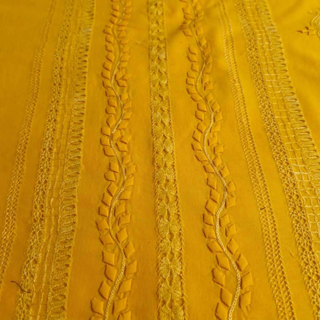 albaas | Tarkashi  Applique on Cotton Lawn Shirt's Front and Sleeves with Matching Plain Trousers - Unstitched 2PC Suit   | ALTAST-36539-TANGERINE YELLOW