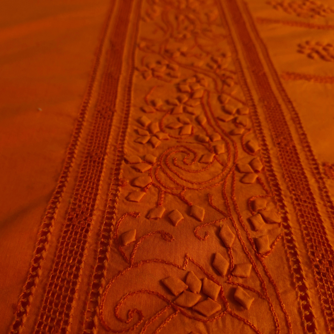 albaas | Tarkashi  Applique on Cotton Lawn Shirt's Front and Sleeves with Matching Plain Trousers - Unstitched 2PC Suit   | ALTAST-36547-ORANGE