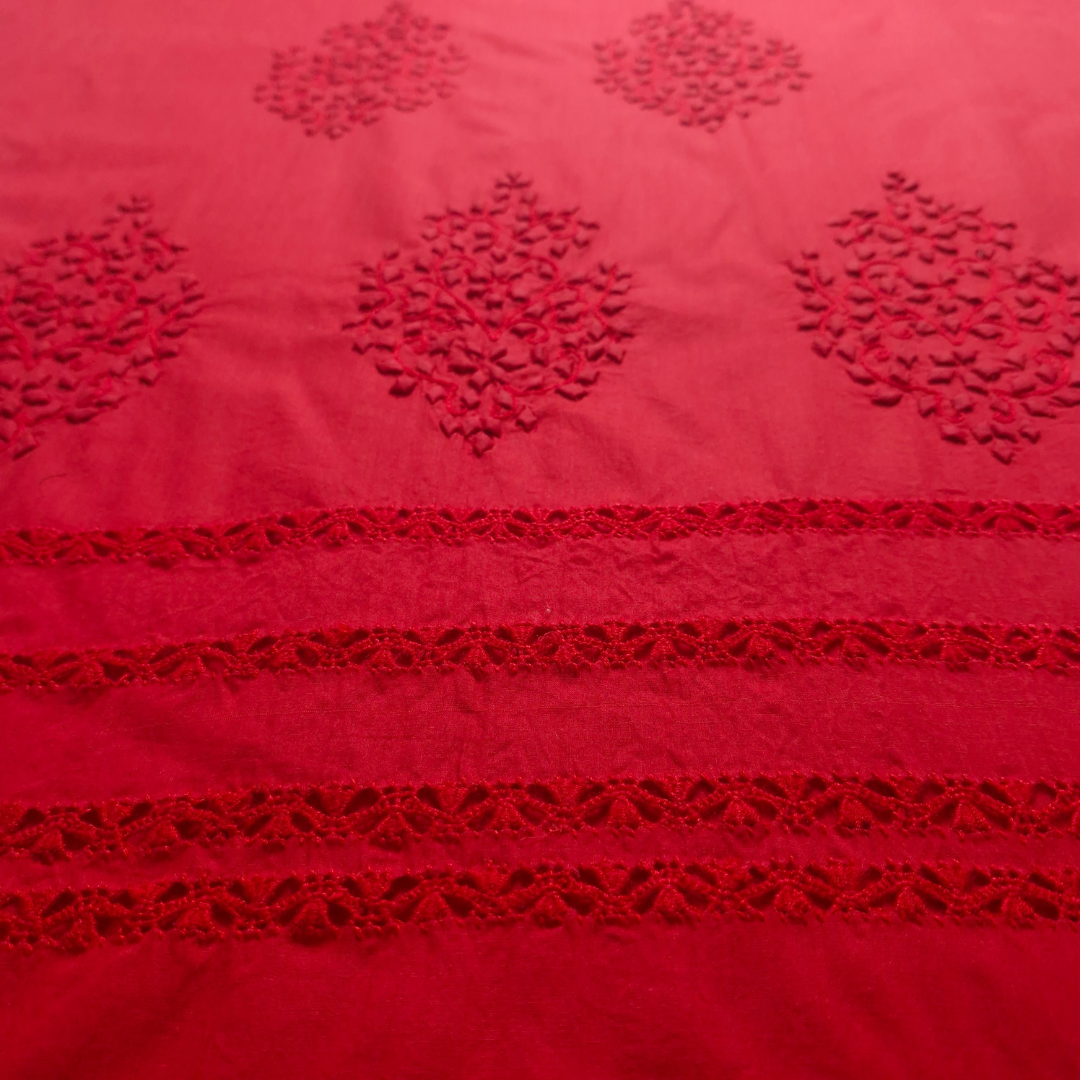 albaas | Tarkashi  Applique on Cotton Lawn Shirt's Front and Sleeves with Matching Plain Trousers - Unstitched 2PC Suit   | ALTAST-36549-NEON RED