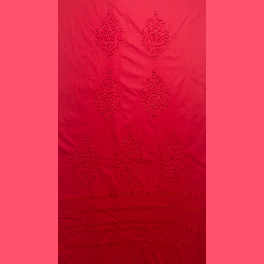 albaas | Tarkashi  Applique on Cotton Lawn Shirt's Front and Sleeves with Matching Plain Trousers - Unstitched 2PC Suit   | ALTAST-36549-NEON RED