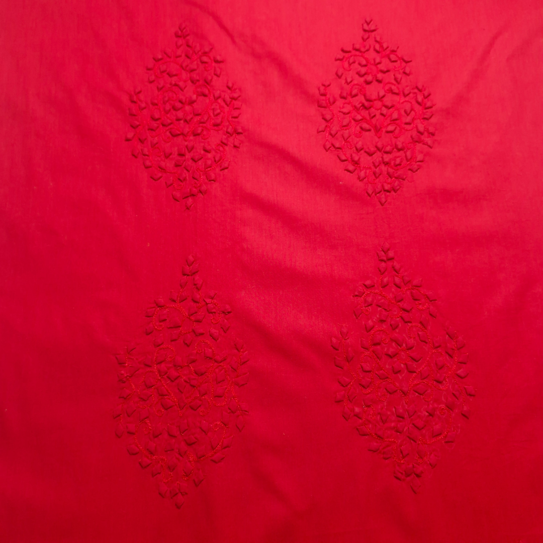 albaas | Tarkashi  Applique on Cotton Lawn Shirt's Front and Sleeves with Matching Plain Trousers - Unstitched 2PC Suit   | ALTAST-36549-NEON RED