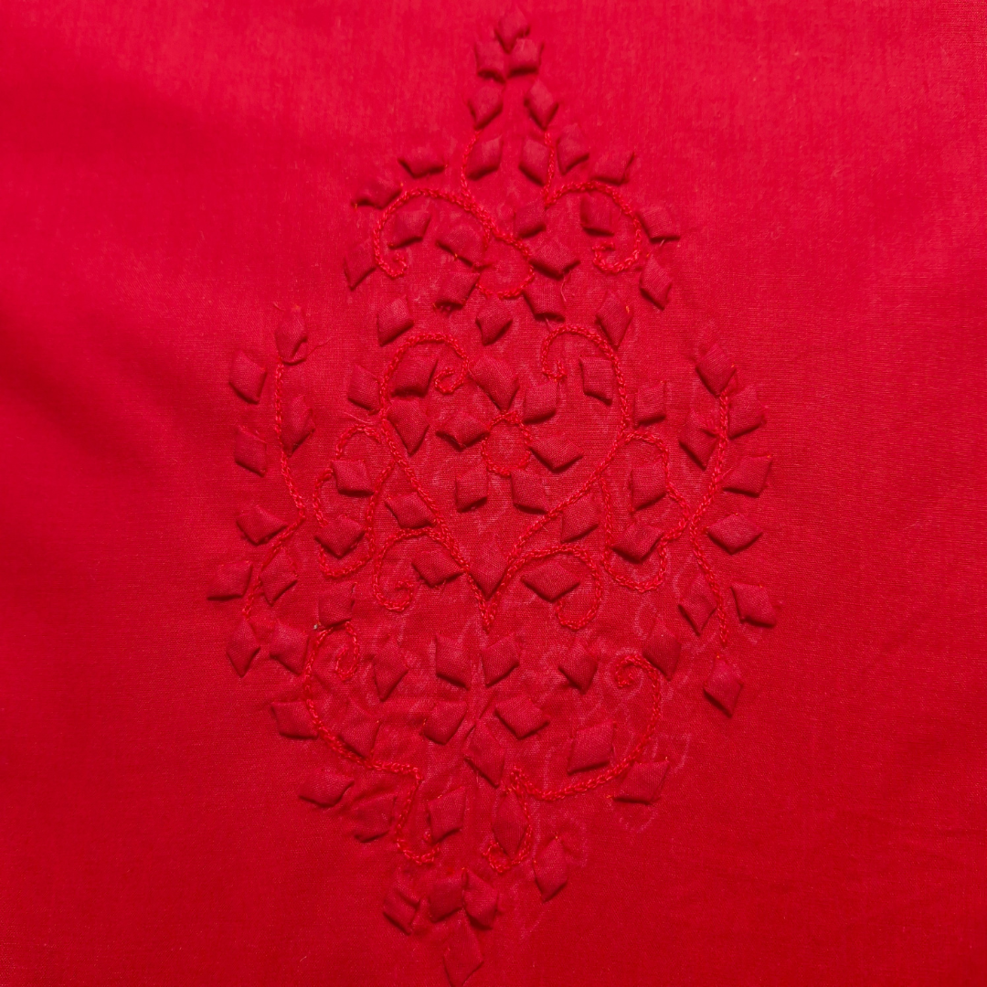 albaas | Tarkashi  Applique on Cotton Lawn Shirt's Front and Sleeves with Matching Plain Trousers - Unstitched 2PC Suit   | ALTAST-36549-NEON RED