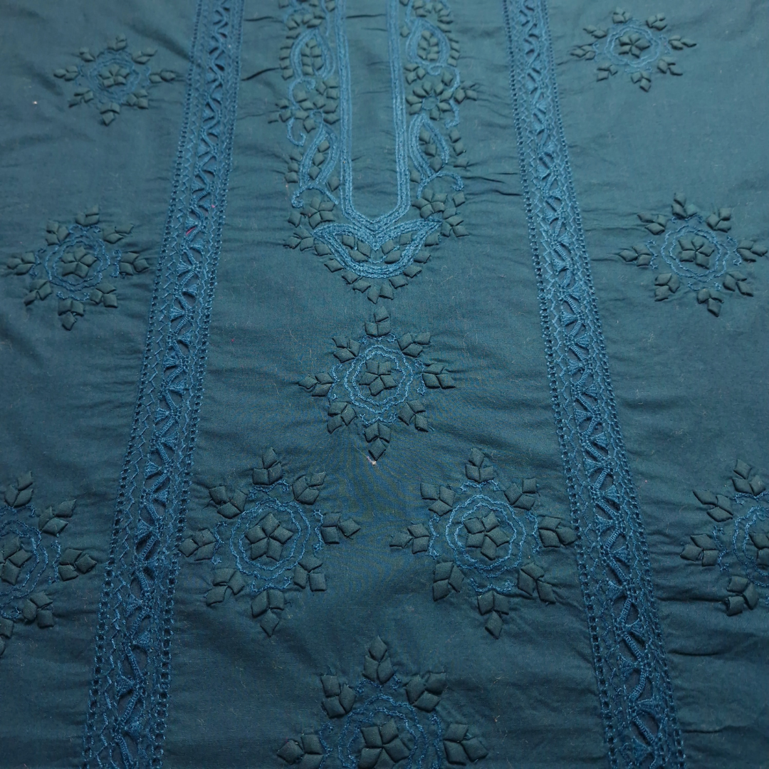 albaas | Tarkashi  Applique on Cotton Lawn Shirt's Front and Sleeves with Matching Plain Trousers - Unstitched 2PC Suit   | ALTAST-36551-MIDNIGHT GREEN