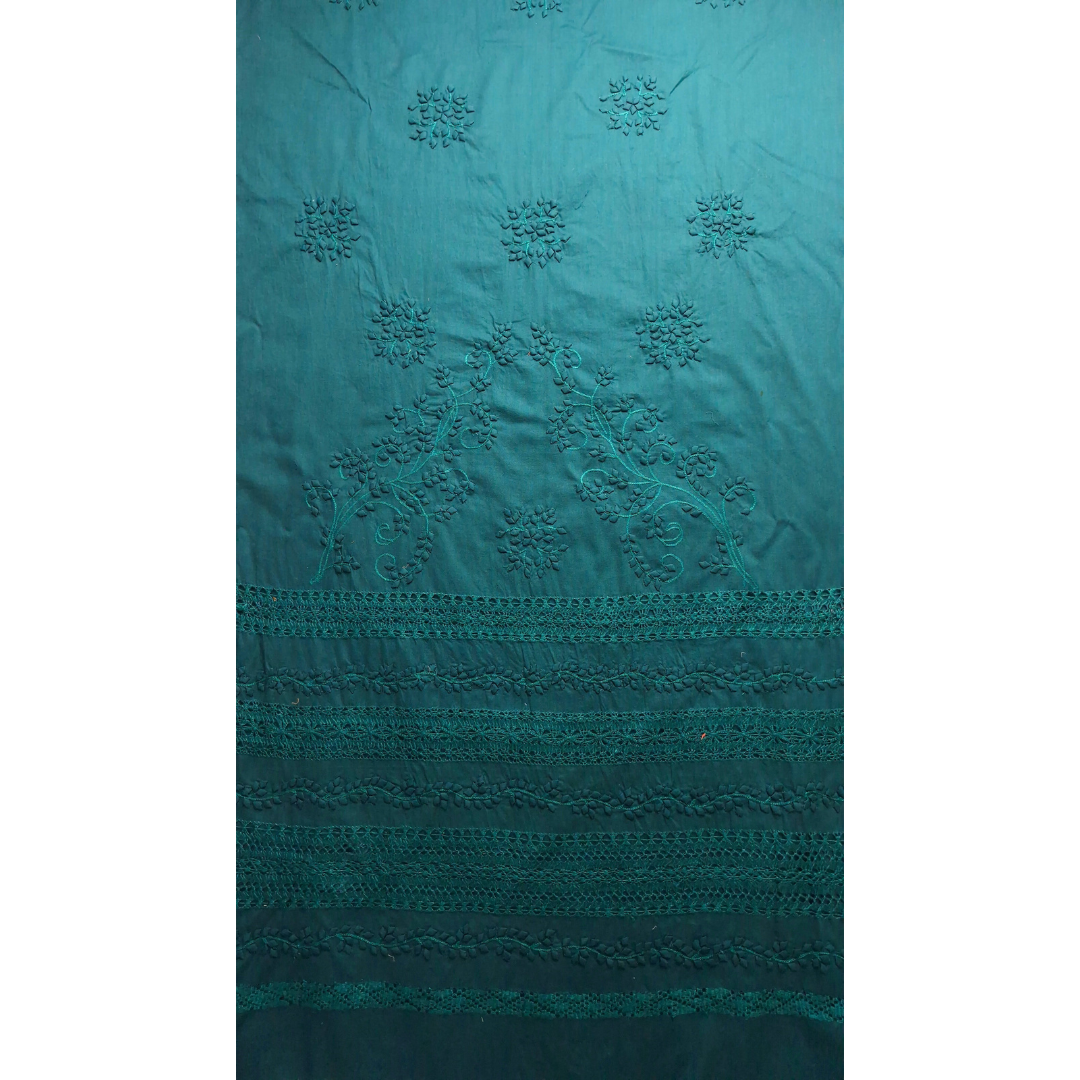 albaas | Tarkashi  Applique on Cotton Lawn Shirt's Front and Sleeves with Matching Plain Trousers - Unstitched 2PC Suit   | ALTAST-IRREG1-BLUEISH GREEN