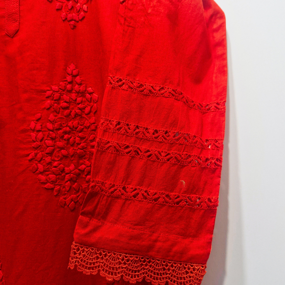albaas | Tarkashi Applique on Lawn Shirt's Front and Sleeves with Plain Trousers - Stitched 2PC | ALTAST-D5-L-NEON RED
